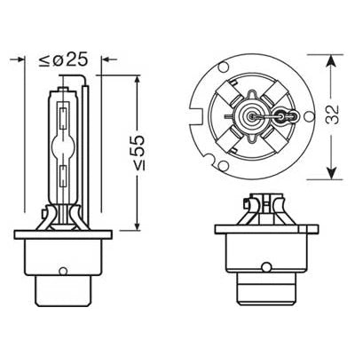 Tekninen mittapiirros Osram Xenarc Original D2S -polttimosta.