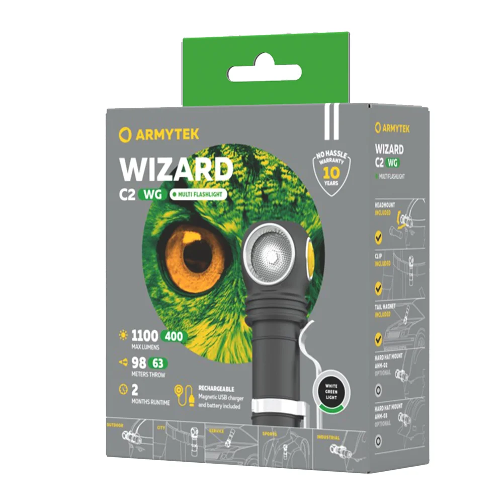 Otsalamppu Armytek Wizard C2 WG Magnet USB Kylmä Sävy & Vihreä 1100 lm