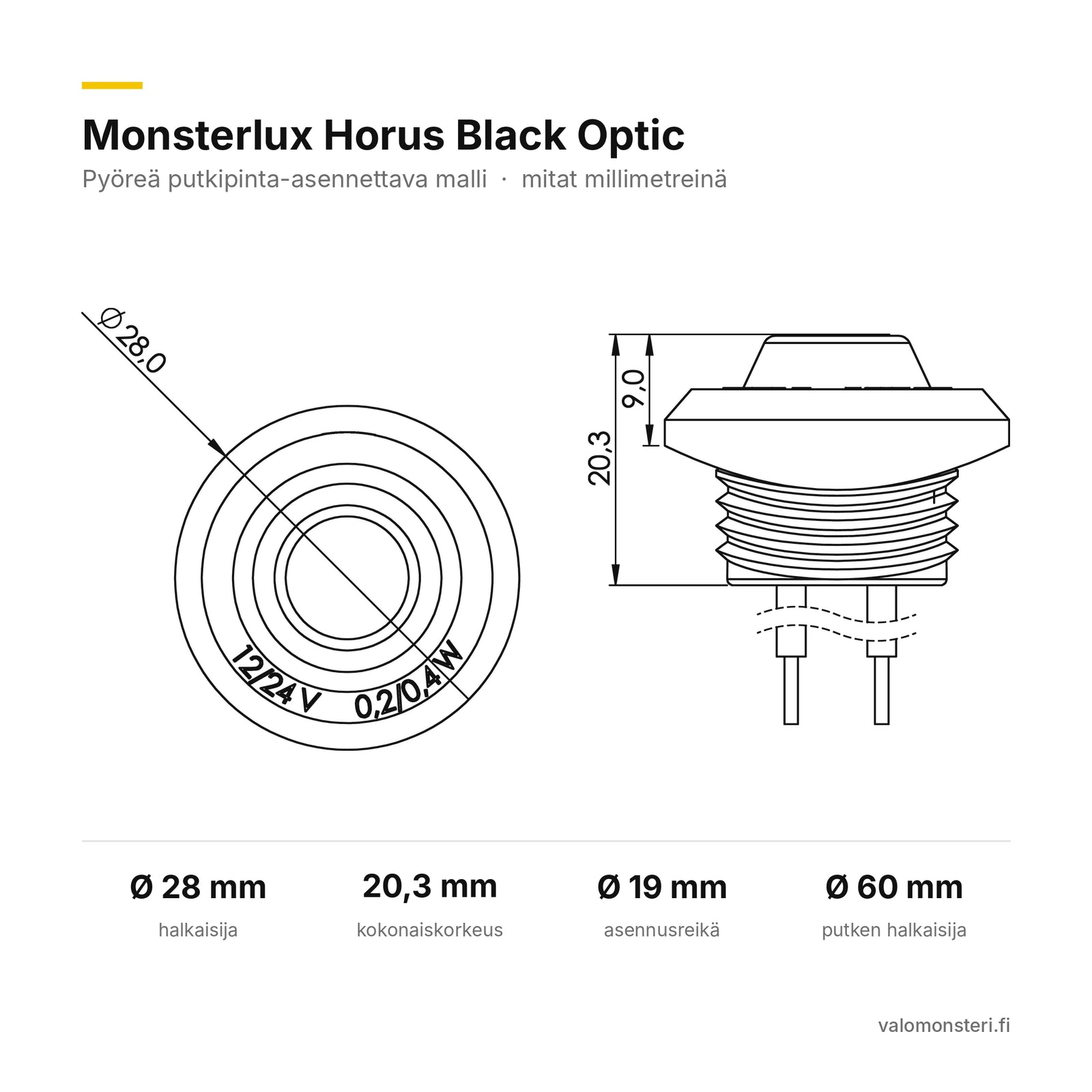 Monsterlux Horus LED-äärivalo, valkoinen, putkeen